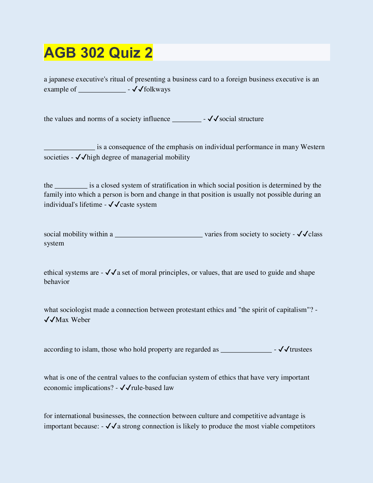 Preview image for AGB 302 Quiz 2 | Questions with 100% Correct Answers | Updated & Verified